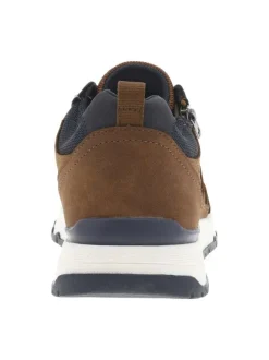 Sneakers camel avec des détails bleus marine et un zip à semelle plate