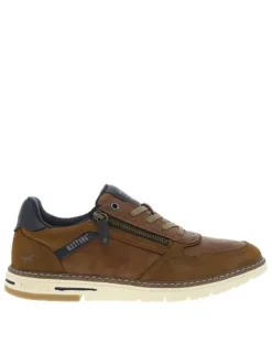 Sneakers cognac à semelle plate avec zip, lacets plats et logo imprimé