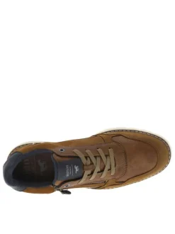 Sneakers cognac à semelle plate avec zip, lacets plats et logo imprimé