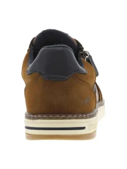 Sneakers cognac à semelle plate avec zip, lacets plats et logo imprimé