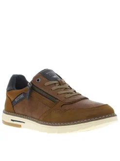 Sneakers cognac à semelle plate avec zip, lacets plats et logo imprimé