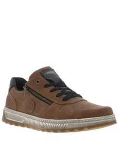 Sneakers cognac à semelle plate beige et à lacets plats bleu marine