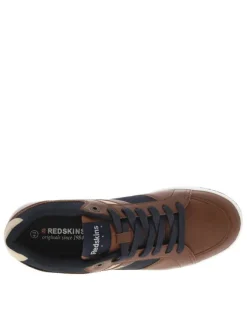 Sneakers cognac à talon plat avec des lacets marine et logo embossé