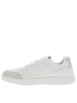 Sneakers en cuir blanc et empiècements beige à logo jaune débossé et lacets