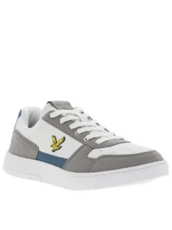Sneakers en cuir blanc à logo siliconé jaune débossé à l'extérieur de la tige