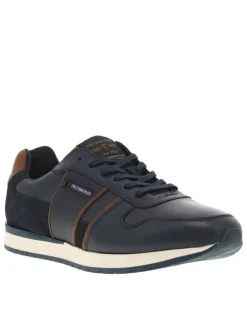 Sneakers en cuir bleu marine à détails marron et à lacets plats bleu marine