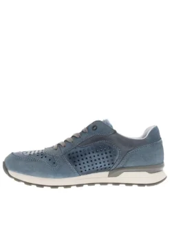 Sneakers en cuir bleu à talon plat et à lacets plats gris avec trous d'aération