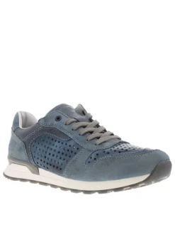 Sneakers en cuir bleu à talon plat et à lacets plats gris avec trous d'aération