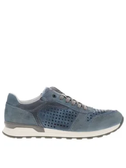 Sneakers en cuir bleu à talon plat et à lacets plats gris avec trous d'aération