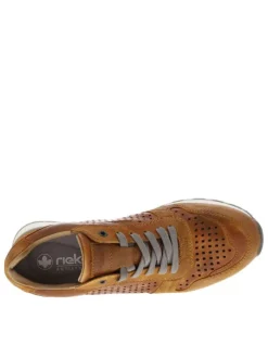 Sneakers en cuir brun à talon plat et à lacets plats et trous d'aération carrés