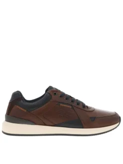 Sneakers en cuir cognac et marine à talon plat avec lacets plats et logo embossé