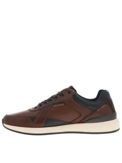 Sneakers en cuir cognac et marine à talon plat avec lacets plats et logo embossé