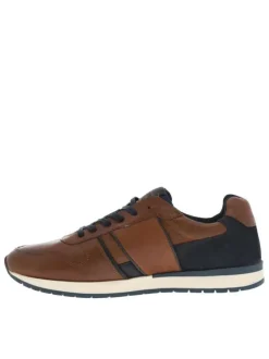 Sneakers en cuir cognac à semelle plate et à lacets plats bleu marine