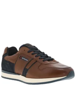 Sneakers en cuir cognac à semelle plate et à lacets plats bleu marine