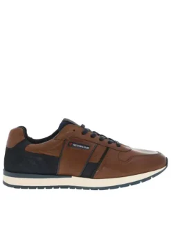 Sneakers en cuir cognac à semelle plate et à lacets plats bleu marine