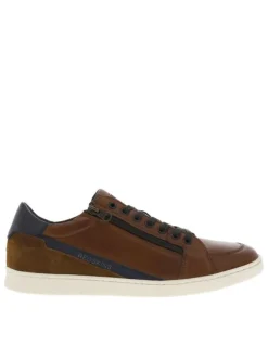Sneakers en cuir cognac à semelles blanches plates avec lacets et zip