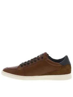 Sneakers en cuir cognac à semelles blanches plates avec lacets et zip