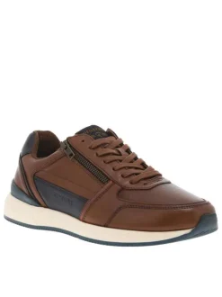 Sneakers en cuir cognac à talon plat et à lacets plats enduits et zip latéral