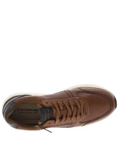 Sneakers en cuir cognac à talon plat et à lacets plats enduits et zip latéral