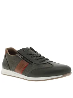 Sneakers en cuir kaki à talon plat avec des lacets et un zip latéral