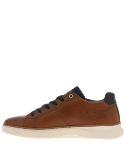 Sneakers en cuir lisse marron à soufflet aspect jean et lacets plats