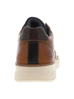 Sneakers en cuir lisse marron à soufflet aspect jean et lacets plats