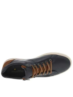 Sneakers en cuir marine avec des détails marrons et un zip à semelle plate