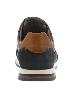 Sneakers en cuir marine et camel avec des surpiqûres grises à semelle plate