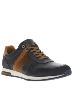 Sneakers en cuir marine et camel avec des surpiqûres grises à semelle plate
