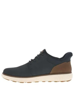 Sneakers en cuir marine à lacets élastiqués avec logo marron et semelle écrue