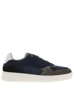 Sneakers en cuir marine à semelle semi-compensée blanche et lacets plats