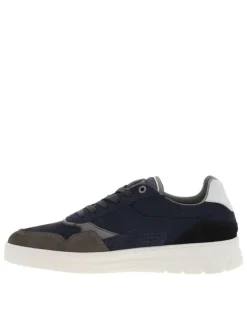 Sneakers en cuir marine à semelle semi-compensée blanche et lacets plats