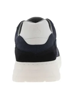 Sneakers en cuir marine à semelle semi-compensée blanche et lacets plats