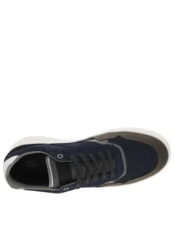 Sneakers en cuir marine à semelle semi-compensée blanche et lacets plats