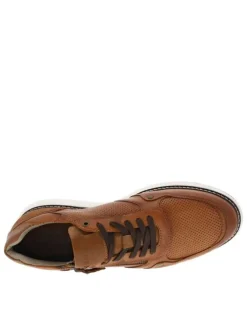 Sneakers en cuir marron cognac à lacets et zip latéral, semelle blanche