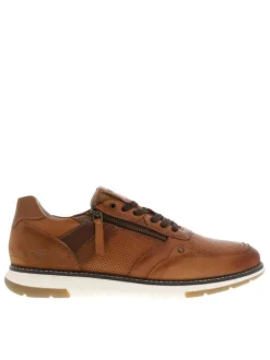 Sneakers en cuir marron cognac à lacets et zip latéral, semelle blanche