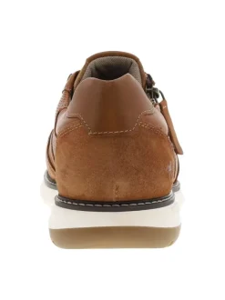 Sneakers en cuir marron cognac à lacets et zip latéral, semelle blanche