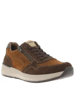 Sneakers en cuir marron à talon plat avec des lacets et un zip latéral