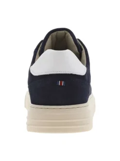Sneakers en cuir nubuck marine à semelle beige semi-compensée et vulcanisée