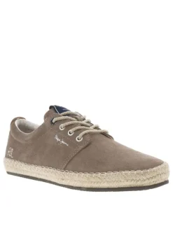Sneakers en cuir taupes en daim à semelle plate et à lacets ronds