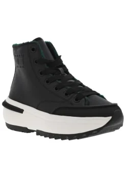 Sneakers fourrées, en cuir noir, à tige montante à semelle plateforme semi-compensée
