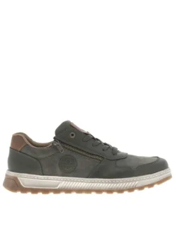Sneakers kaki avec double fermeture et patch de la marque sur la languette