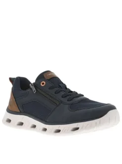 Sneakers marine à semelle blanche ajourée avec empiècements marron