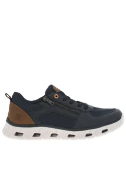 Sneakers marine à semelle blanche ajourée avec empiècements marron