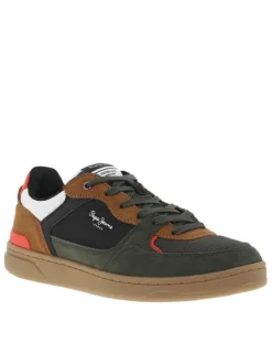 Sneakers multicolores à semelle plate avec empiècements camel et lacets verts