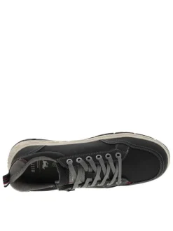 Sneakers noires à talon plat avec des lacets plats gris et un zip