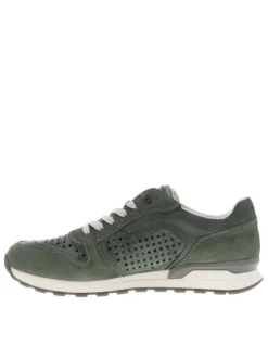 Sneakers olive en cuir perforé avec semelle blanche et grise et des lacets plats