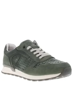 Sneakers olive en cuir perforé avec semelle blanche et grise et des lacets plats
