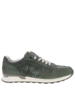 Sneakers olive en cuir perforé avec semelle blanche et grise et des lacets plats