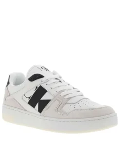 Sneakers tennis en cuir blanc à semelle semi-compensée et patchs nubuck crème